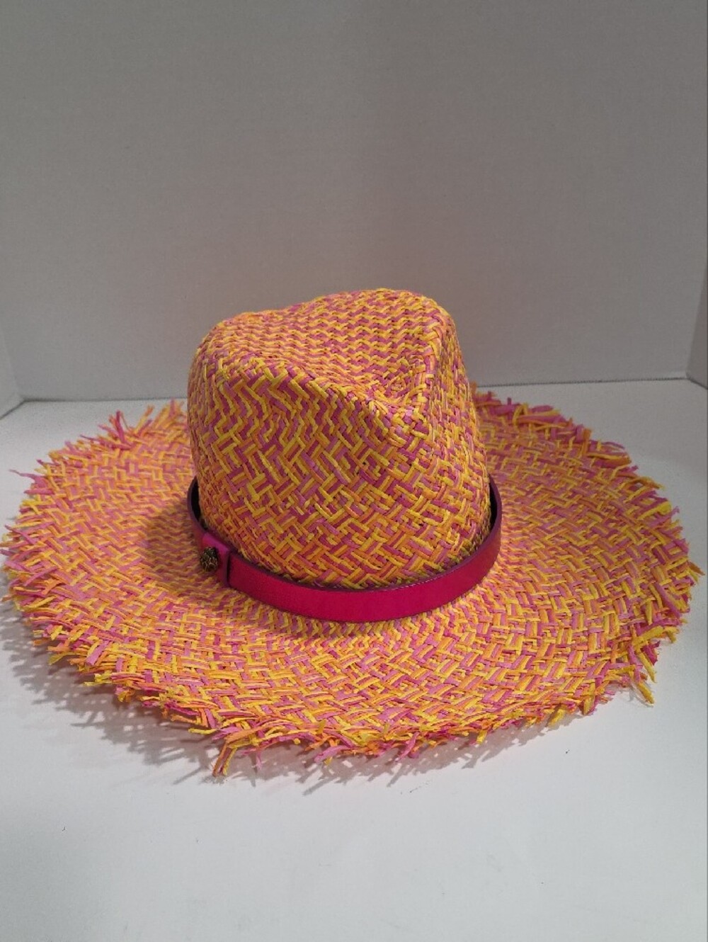 Kurt Geiger Pink and Yellow Woven Straw Hat - Picture 2 of 6